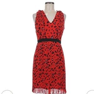 Foxiedox Dress Med Red Black Ruffle Pleats Leopard Print Cocktail Dress